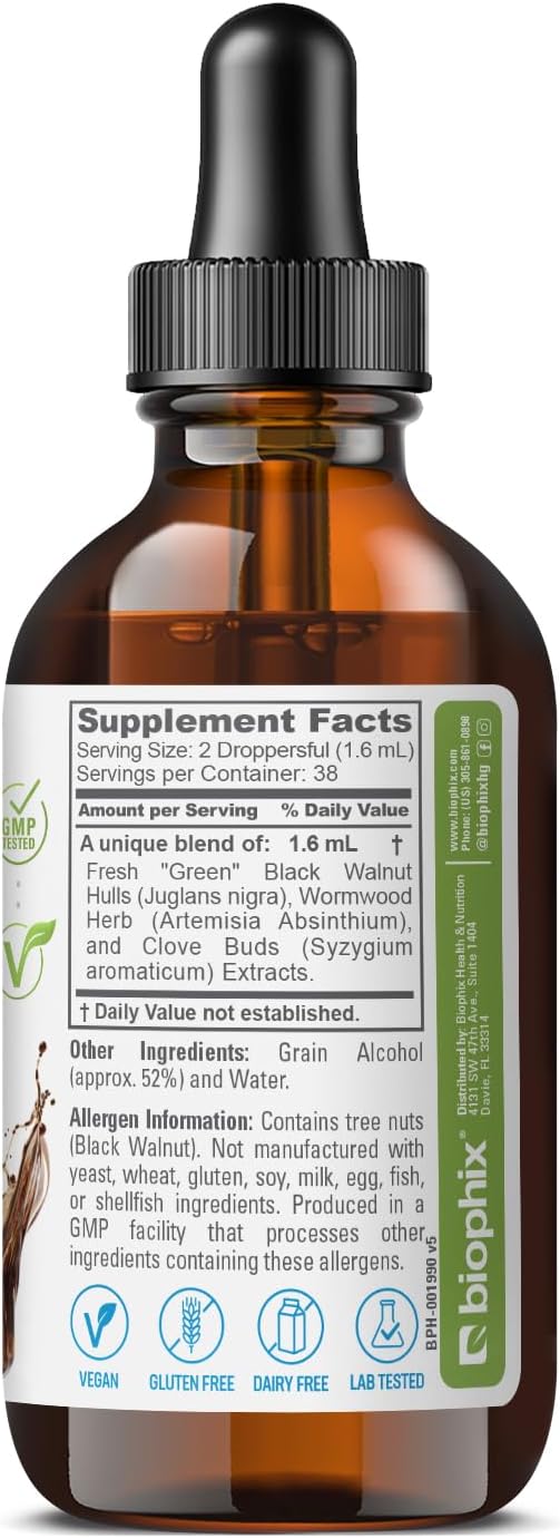 2 oz Natural Green Black Walnut Wormwood Extract - Potent Cleanser for Intestinal Health by Biophix