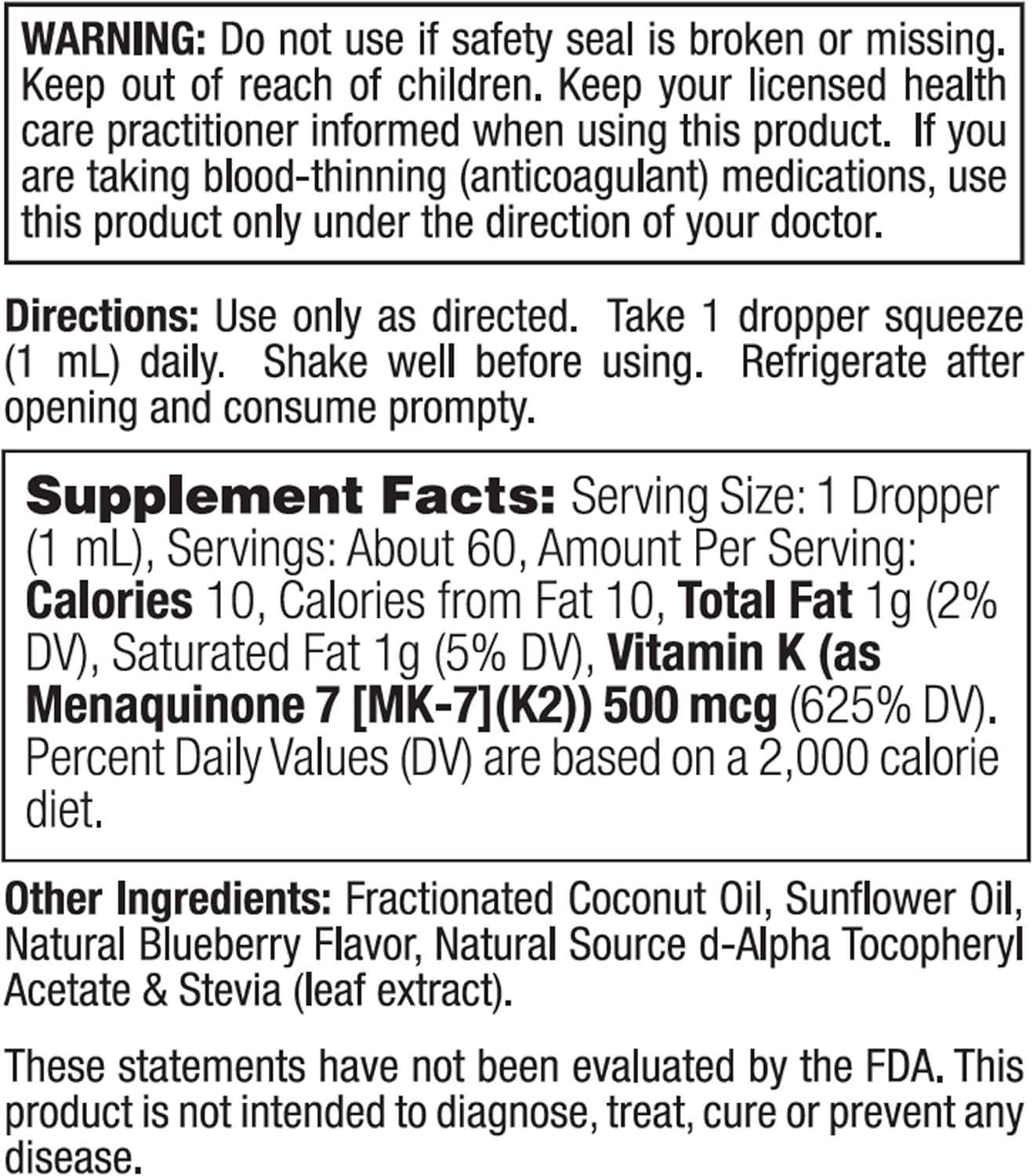 2 oz Nature's Life Vitamin K2 (MK7) Liquid Supplement Drops for Bone and Heart Health