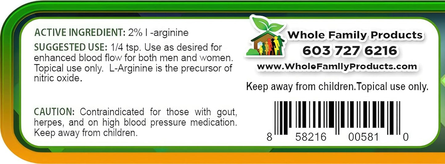 2 oz Whole Family Products L-Arginine Cream - Nitric Oxide Support for Men & Women - Unscented Formula