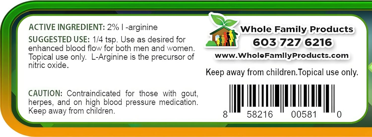 2 oz Whole Family Products L-Arginine Cream - Nitric Oxide Support for Men & Women - Unscented Formula