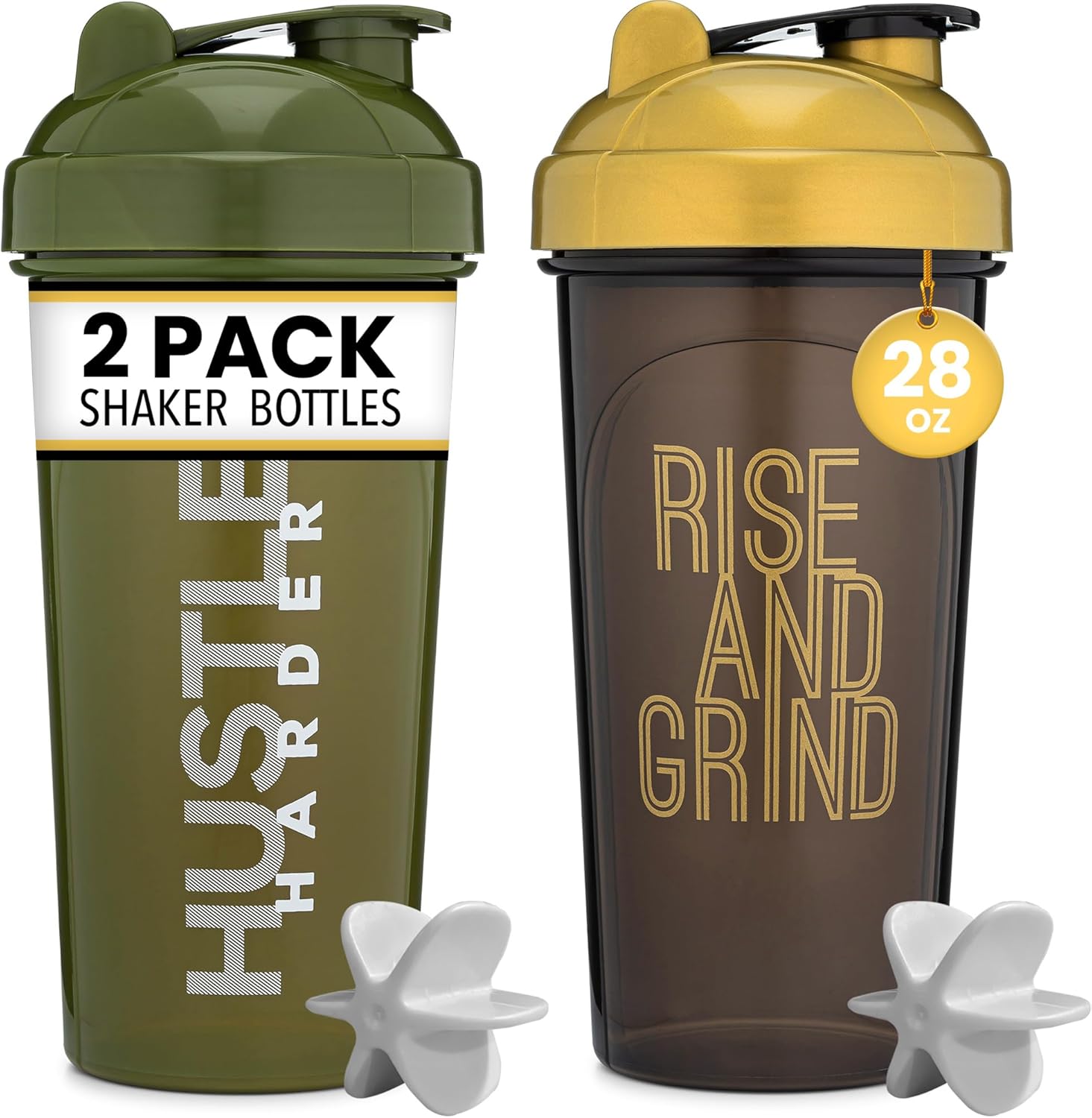 2-Pack 28oz Shaker Bottle Set with Motivational Quotes - Black/Gold & Moss | Protein Blender Bottle with 2x Wire Mixer - BPA Free & Dishwasher Safe