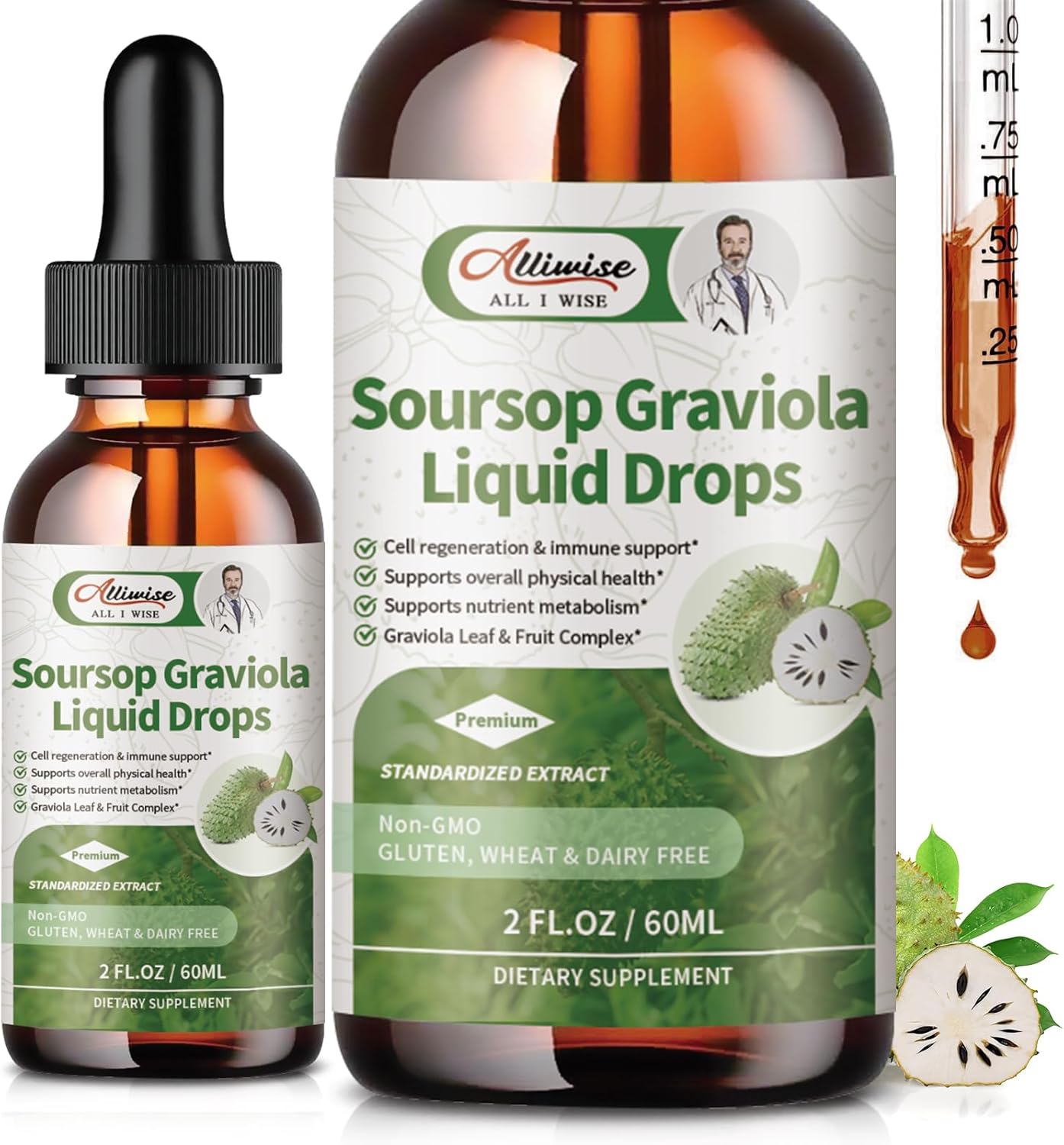 2 Pack Alliwise Soursop Graviola Leaf Extract Liquid Drops - Cell Regeneration & Immune Support - Vegan Soursop Bitters - High Absorption - 4 Fl Oz