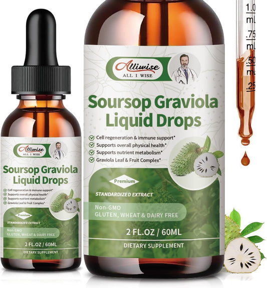 2 Pack Alliwise Soursop Graviola Leaf Extract Liquid Drops - Cell Regeneration & Immune Support - Vegan Soursop Bitters - High Absorption - 4 Fl Oz