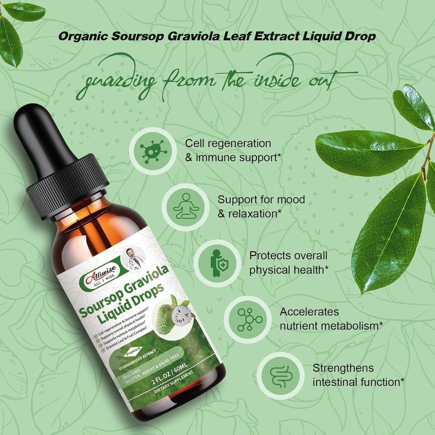 2 Pack Alliwise Soursop Graviola Leaf Extract Liquid Drops - Cell Regeneration & Immune Support - Vegan Soursop Bitters - High Absorption - 4 Fl Oz