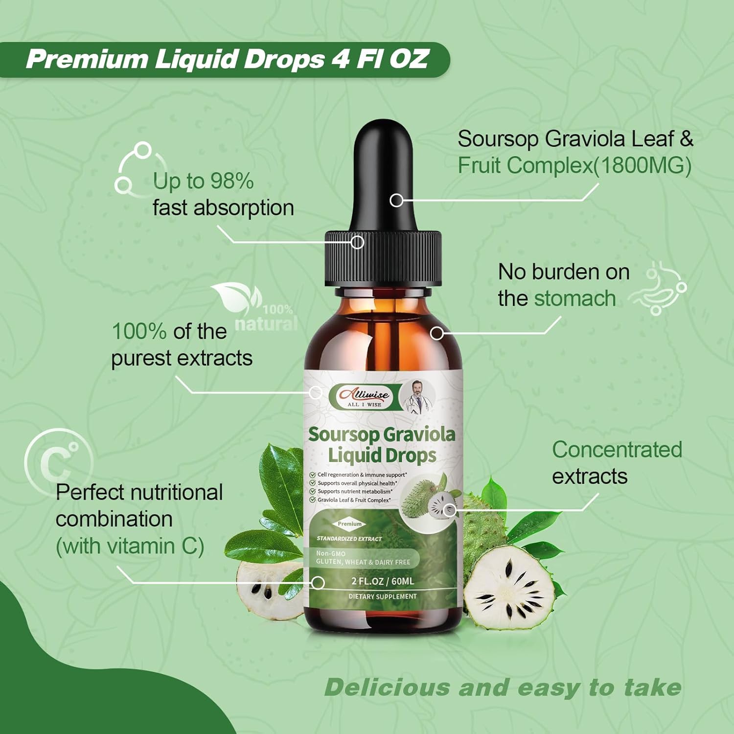 2 Pack Alliwise Soursop Graviola Leaf Extract Liquid Drops - Cell Regeneration & Immune Support - Vegan Soursop Bitters - High Absorption - 4 Fl Oz