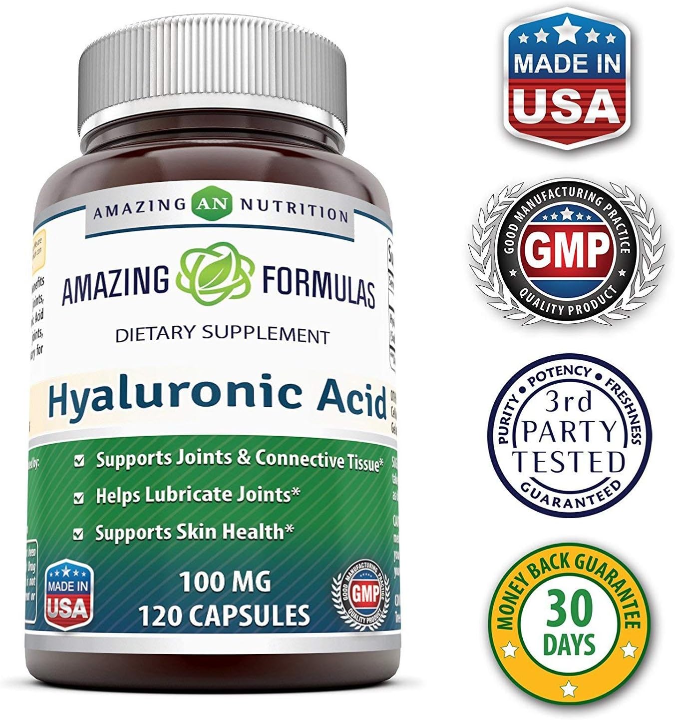 2 Pack Amazing Formulas Hyaluronic Acid 100 mg Capsules - Non-GMO & Gluten Free Supplement - 120 Count - USA Made