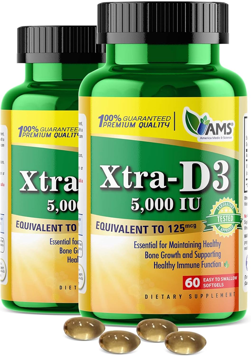2-Pack America Medic & Science Xtra D3 Vitamin D 5,000 IU Supplement for Men & Women (120 Softgels) - Bone, Heart, Immune, Lung Support