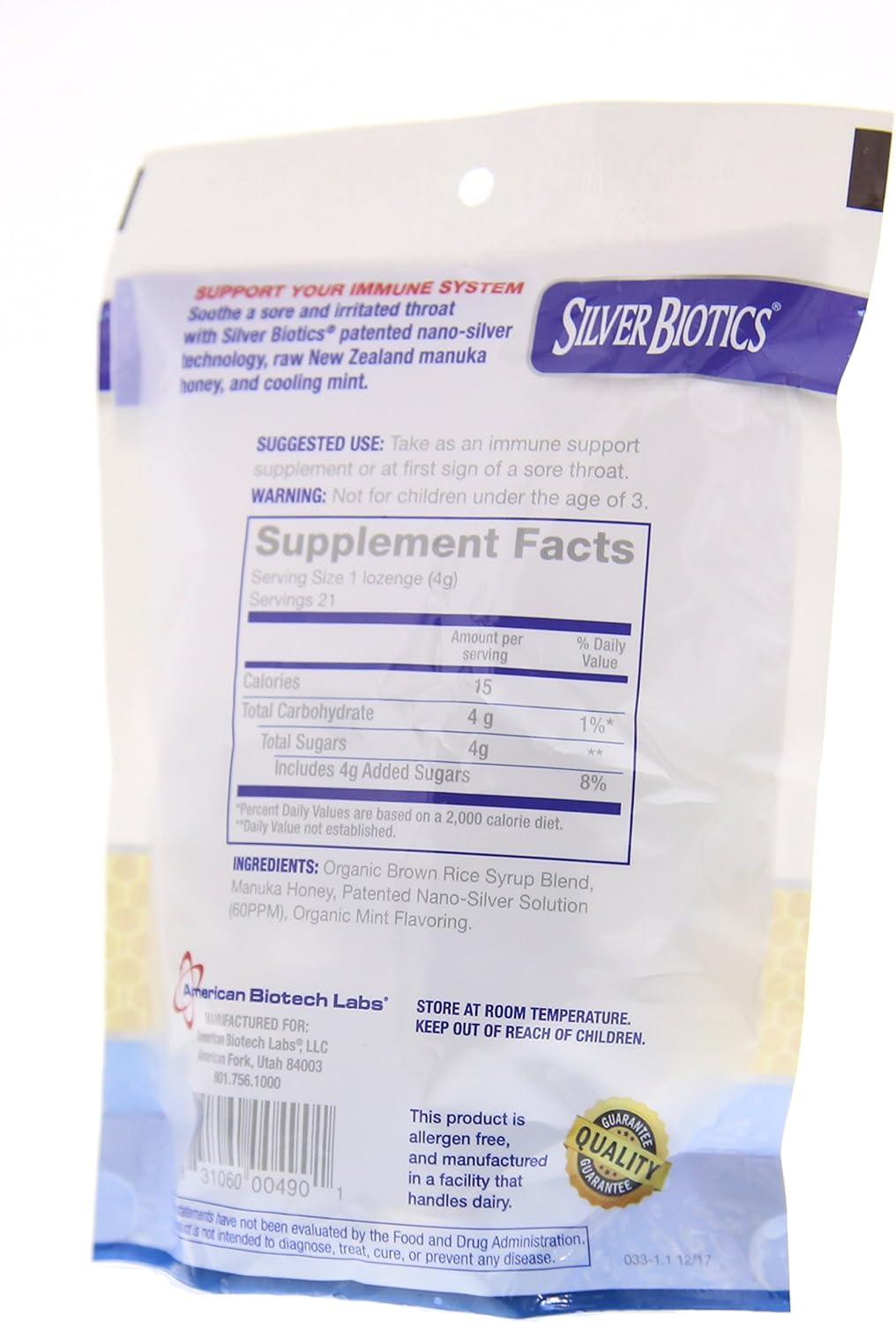 2-Pack American Biotech Labs Silver Biotics Manuka Mint Lozenges with 60ppm SilverSol and Honey - 42 Count