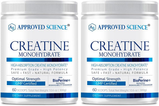 2-Pack Approved Science Creatine Monohydrate Powder with BioPerine - 120 Servings, 5g Per Serving - Unflavored Workout Support Supplement - Non-GMO, Vegan Formula