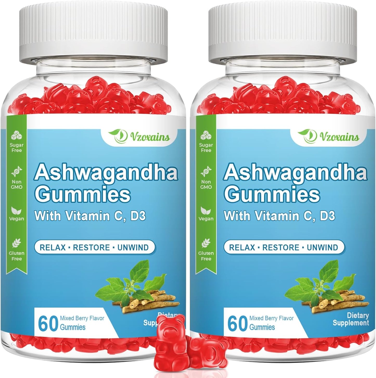 2 Pack Ashwagandha and Vitamin D Gummies with Vitamin C for Calm Mood, Relaxation, and Immune Support - 120 Mixed Berry Gummies for Men and Women