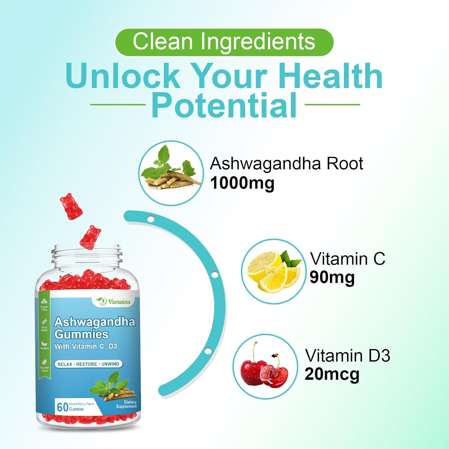 2 Pack Ashwagandha and Vitamin D Gummies with Vitamin C for Calm Mood, Relaxation, and Immune Support - 120 Mixed Berry Gummies for Men and Women