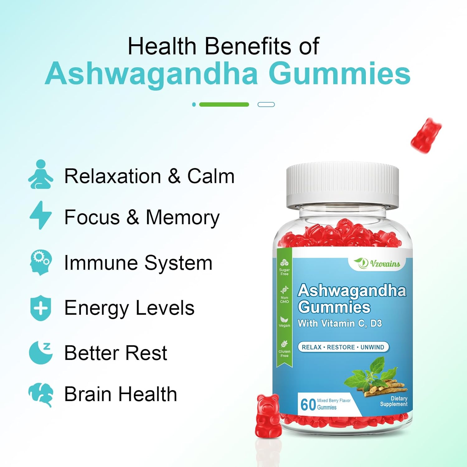 2 Pack Ashwagandha and Vitamin D Gummies with Vitamin C for Calm Mood, Relaxation, and Immune Support - 120 Mixed Berry Gummies for Men and Women
