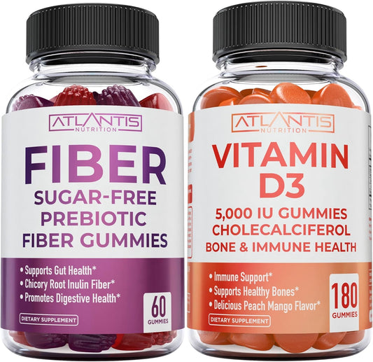 2-Pack Atlantis Nutrition Sugar-Free Prebiotic Fiber Gummies for Adults with Vitamin D3 - 300 Gummies Total