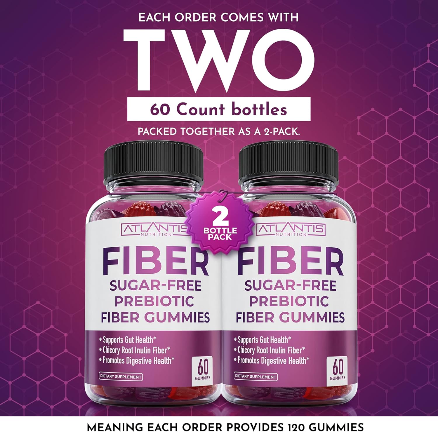 2-Pack Atlantis Nutrition Sugar-Free Prebiotic Fiber Gummies for Adults with Vitamin D3 - 300 Gummies Total
