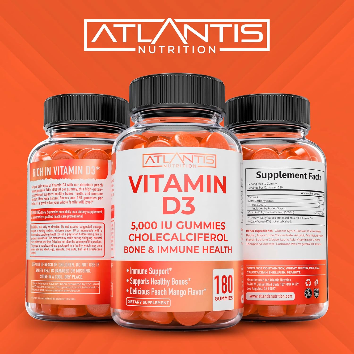 2-Pack Atlantis Nutrition Sugar-Free Prebiotic Fiber Gummies for Adults with Vitamin D3 - 300 Gummies Total