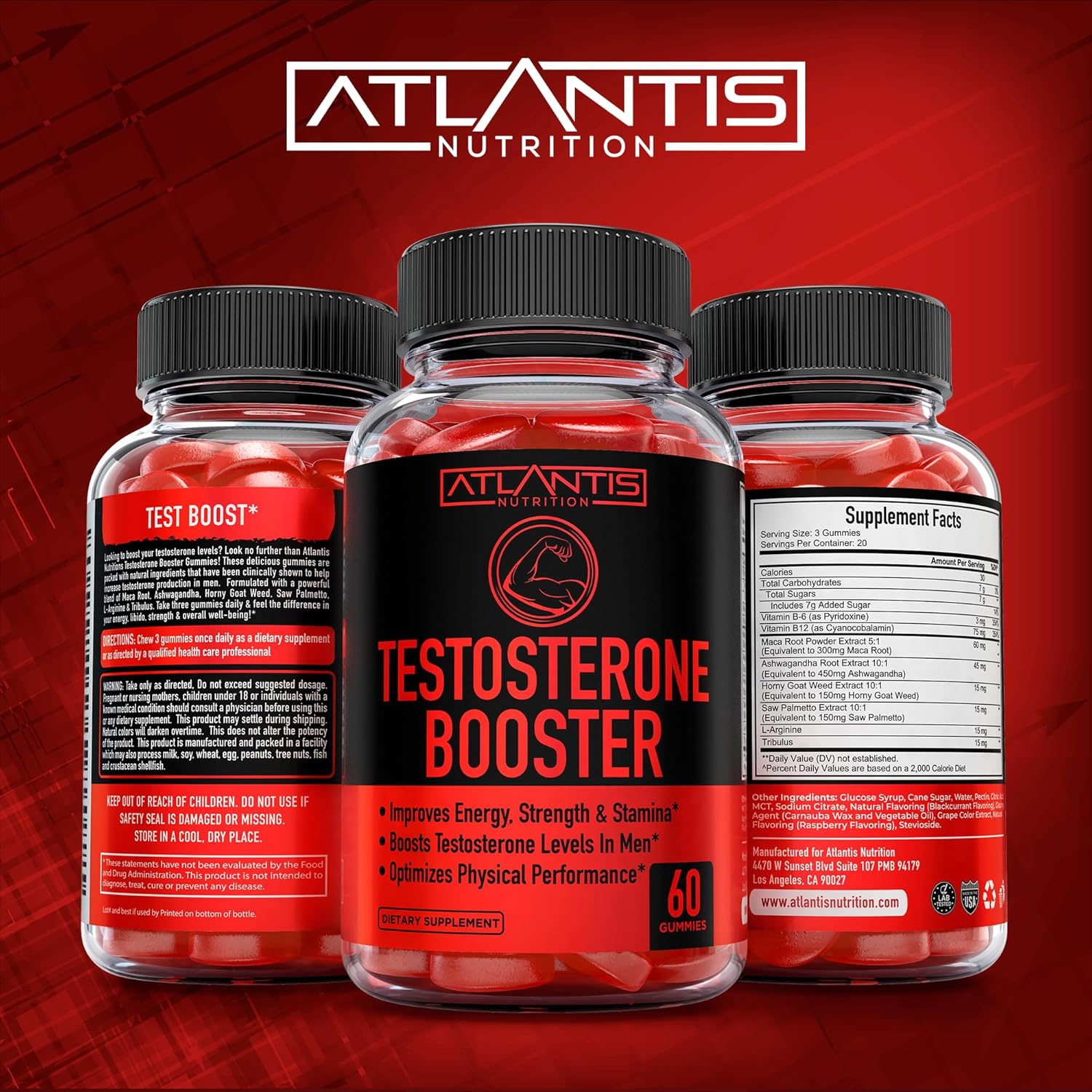 2-Pack Atlantis Nutrition Sugar Free Prebiotic Fiber Gummies with Strength & Stamina Enhancer - 120 Gummies for Adults
