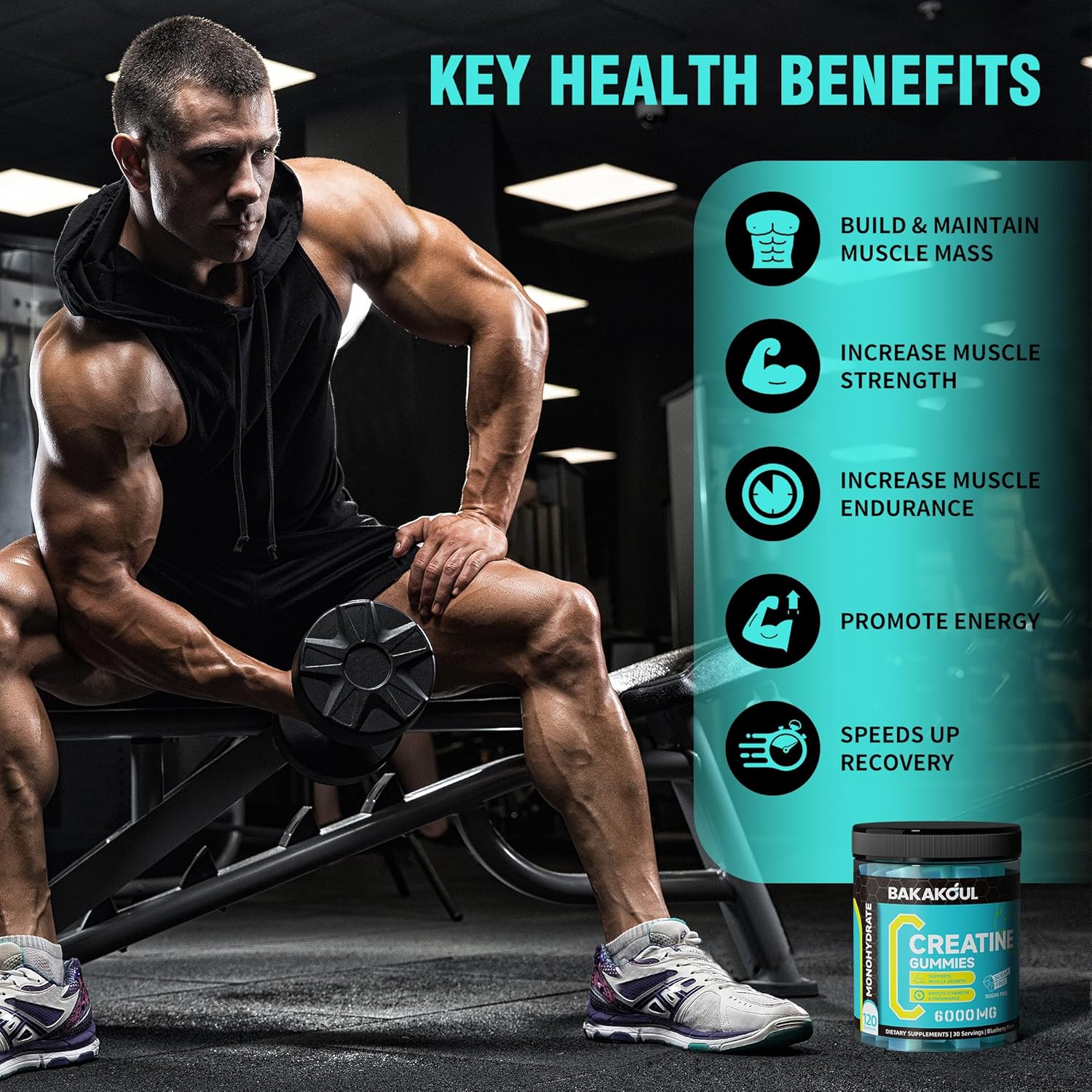 2 Pack BAKAKOUL Creatine Monohydrate Gummies 5g - 120 Sugar Free Gummies with Magnesium Glycinate, L-Threonate, L-Taurine, Vitamin B12 for Muscle Support, Energy Boost - Men & Women's Supplement