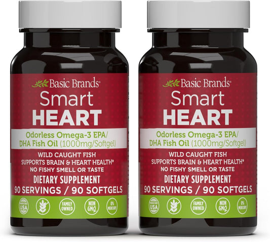 2-Pack Basic Brands Smart Heart Odorless Omega-3 Fish Oil Softgels - Triple Strength EPA & DHA, Non-GMO, Heart & Cognitive Support - 90 Burpless