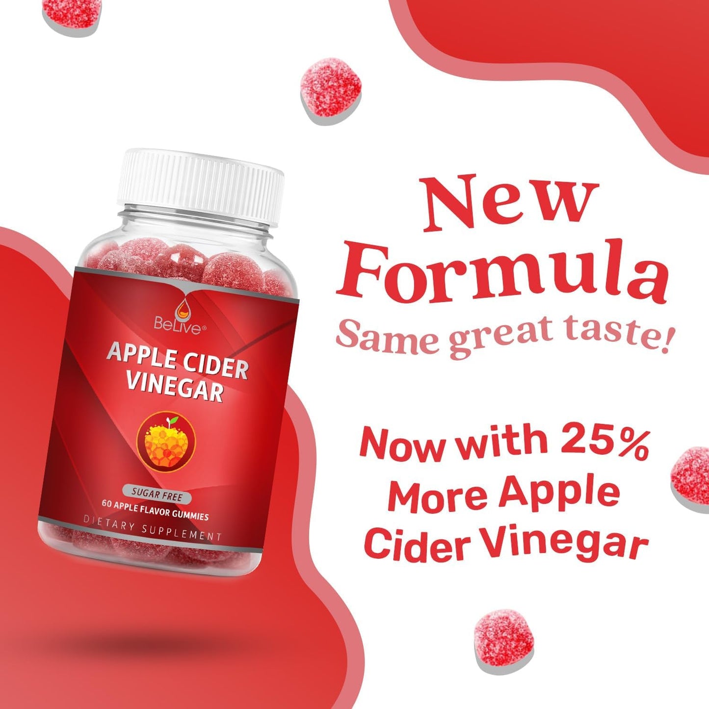 2 Pack BeLive Apple Cider Vinegar Gummies - Sugar Free, Gluten Free, Digestion Support & Healthy Diet - 120 Ct Alternative to ACV Capsules & Drink