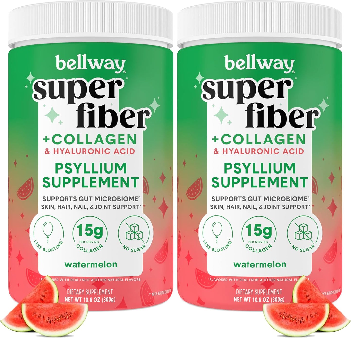 2-Pack Bellway Super Fiber Powder + Collagen: Sugar-Free Psyllium Husk Powder with Collagen Peptides and Hyaluronic Acid for Gut Health, Skin, Nails, Bones & Joints - Watermelon Flavor (21.2 oz)