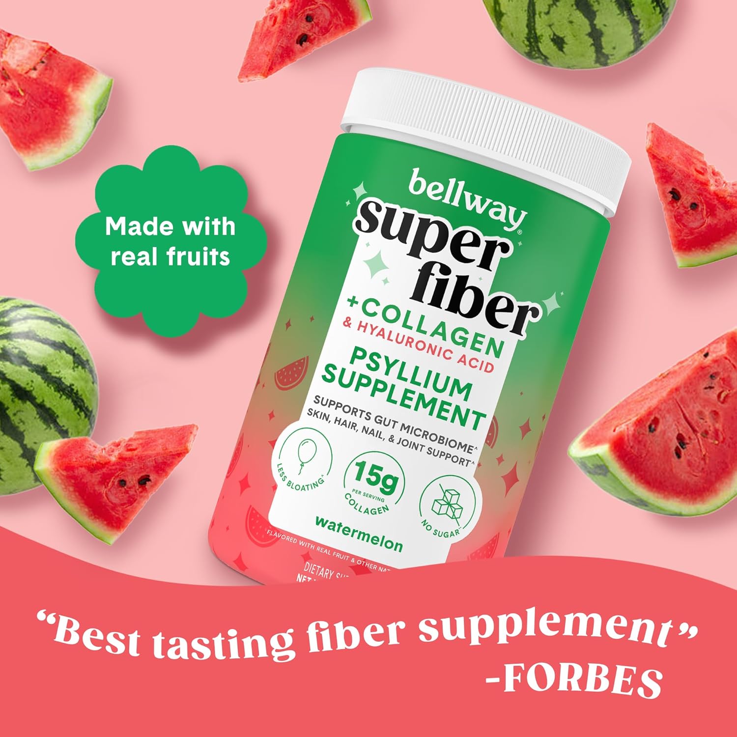 2-Pack Bellway Super Fiber Powder + Collagen: Sugar-Free Psyllium Husk Powder with Collagen Peptides and Hyaluronic Acid for Gut Health, Skin, Nails, Bones & Joints - Watermelon Flavor (21.2 oz)