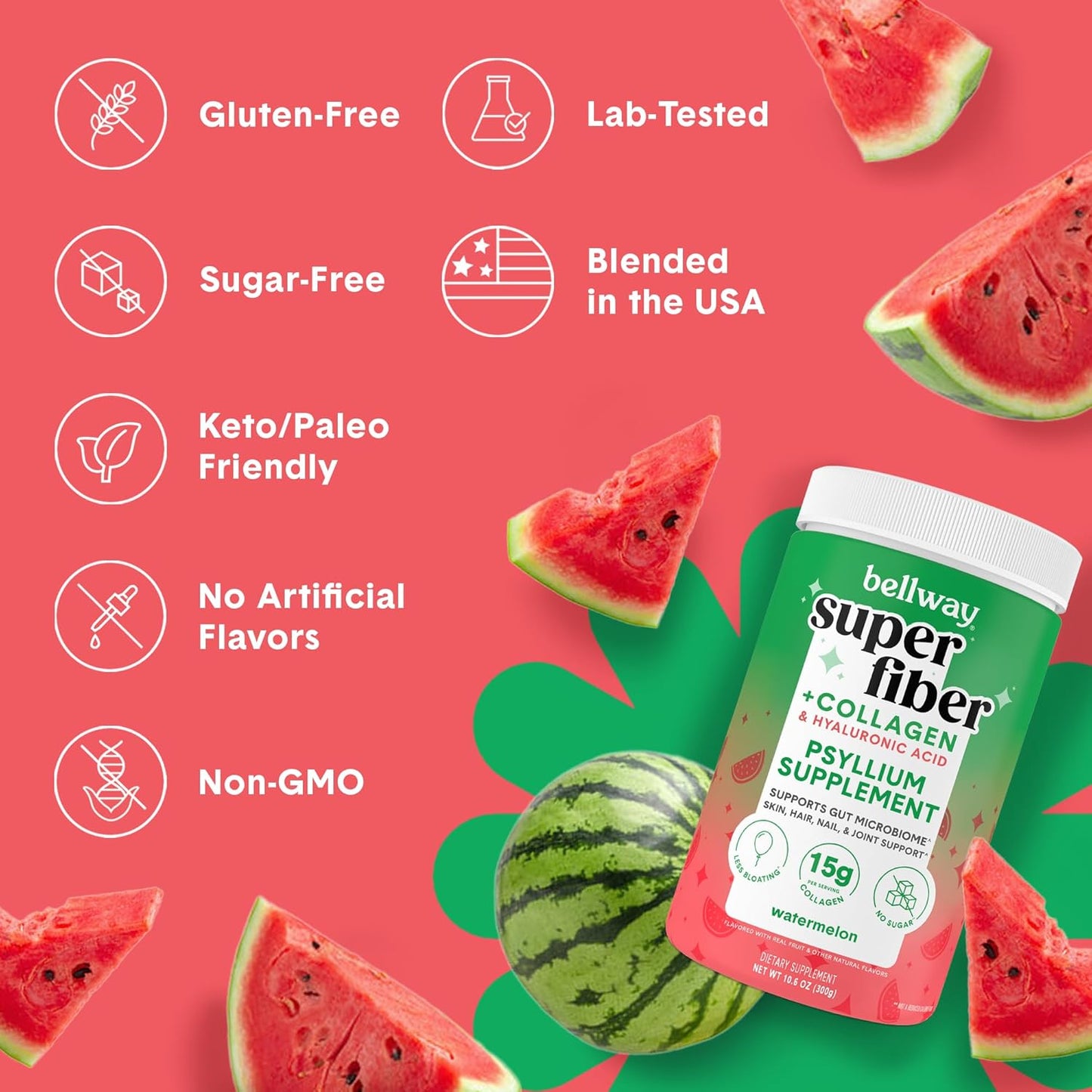 2-Pack Bellway Super Fiber Powder + Collagen: Sugar-Free Psyllium Husk Powder with Collagen Peptides and Hyaluronic Acid for Gut Health, Skin, Nails, Bones & Joints - Watermelon Flavor (21.2 oz)