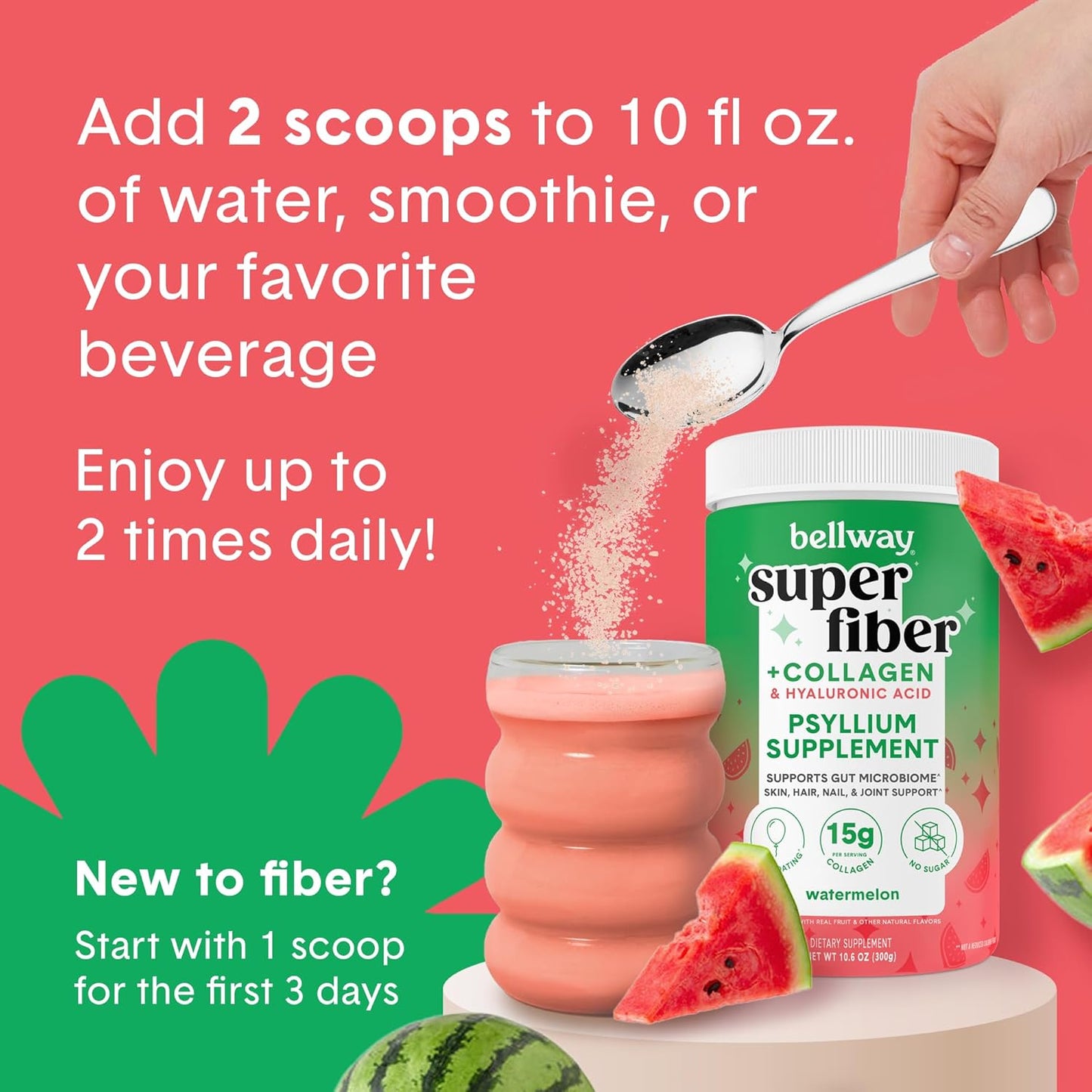 2-Pack Bellway Super Fiber Powder + Collagen: Sugar-Free Psyllium Husk Powder with Collagen Peptides and Hyaluronic Acid for Gut Health, Skin, Nails, Bones & Joints - Watermelon Flavor (21.2 oz)