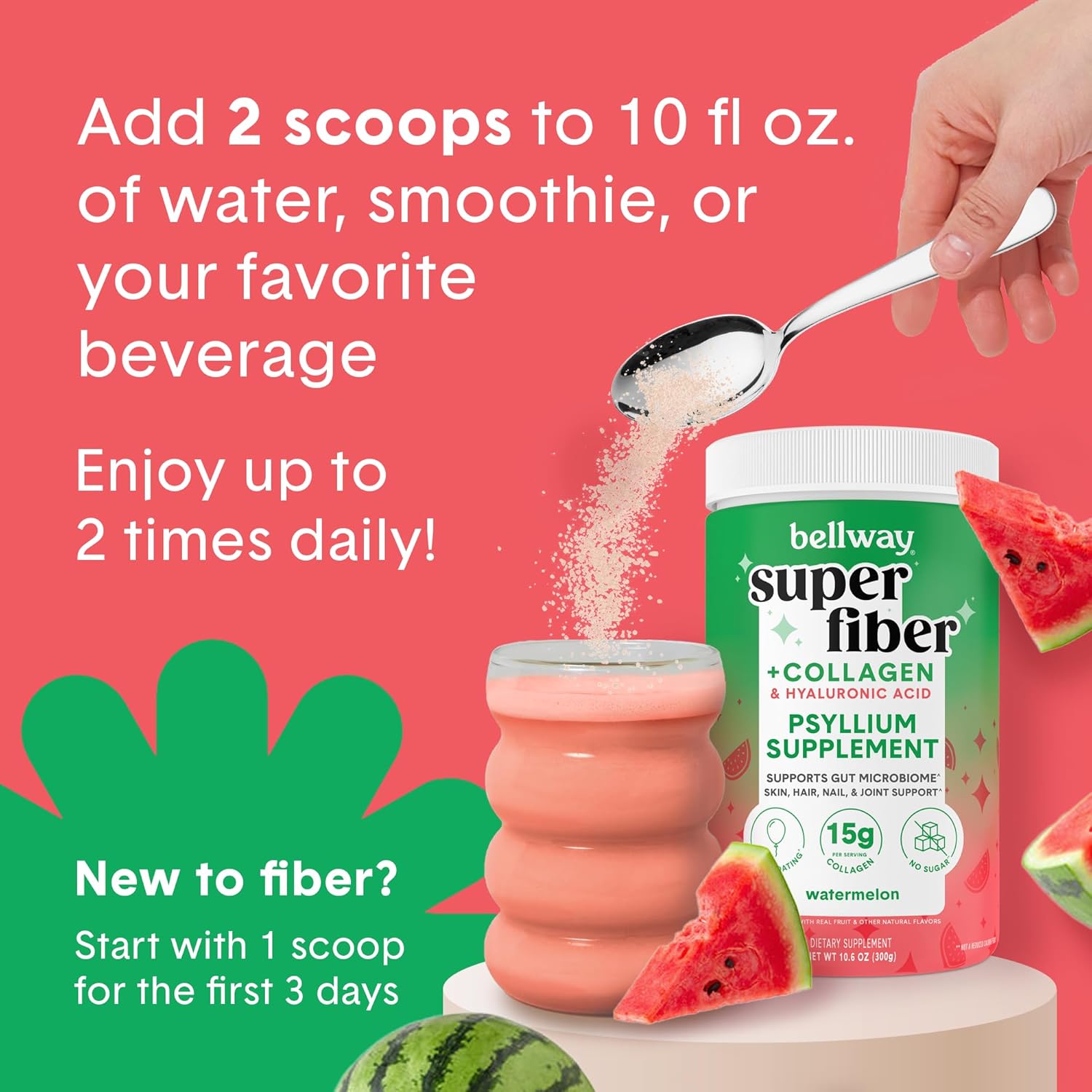 2-Pack Bellway Super Fiber Powder + Collagen: Sugar-Free Psyllium Husk Powder with Collagen Peptides and Hyaluronic Acid for Gut Health, Skin, Nails, Bones & Joints - Watermelon Flavor (21.2 oz)