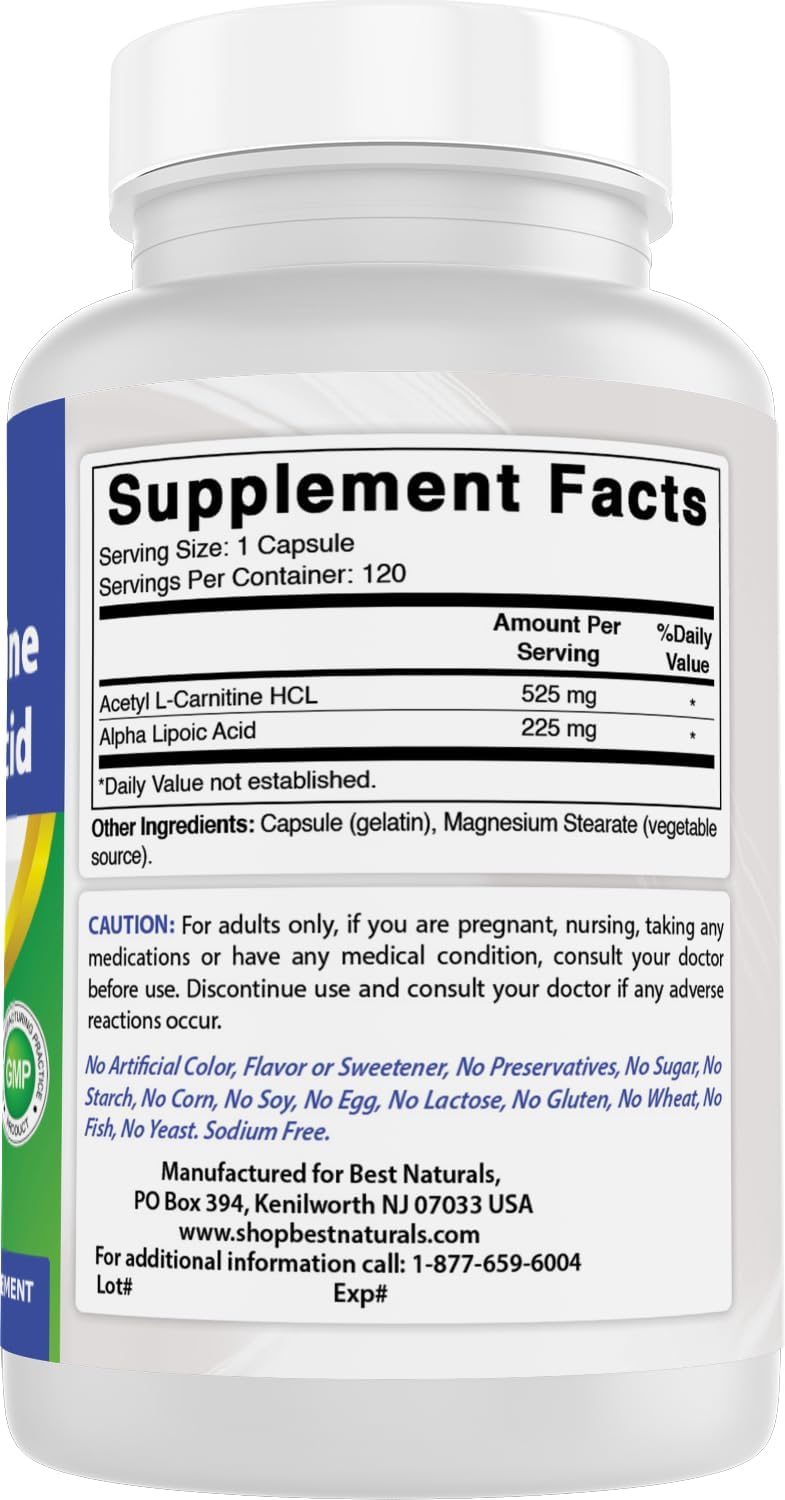 2-Pack Best Naturals Acetyl L-Carnitine and Alpha Lipoic Acid 750mg 120 Capsules - 240 Count total