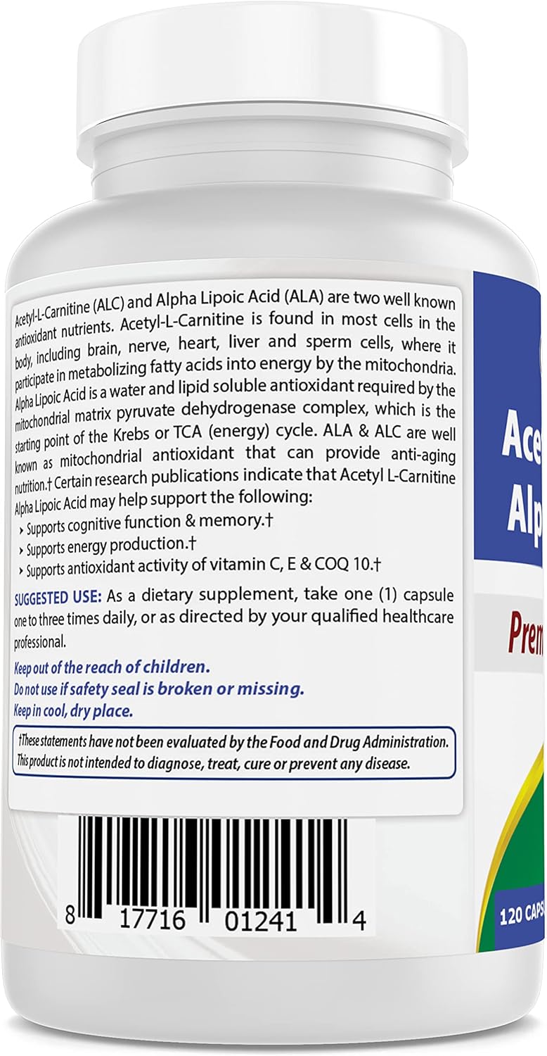 2-Pack Best Naturals Acetyl L-Carnitine and Alpha Lipoic Acid 750mg 120 Capsules - 240 Count total