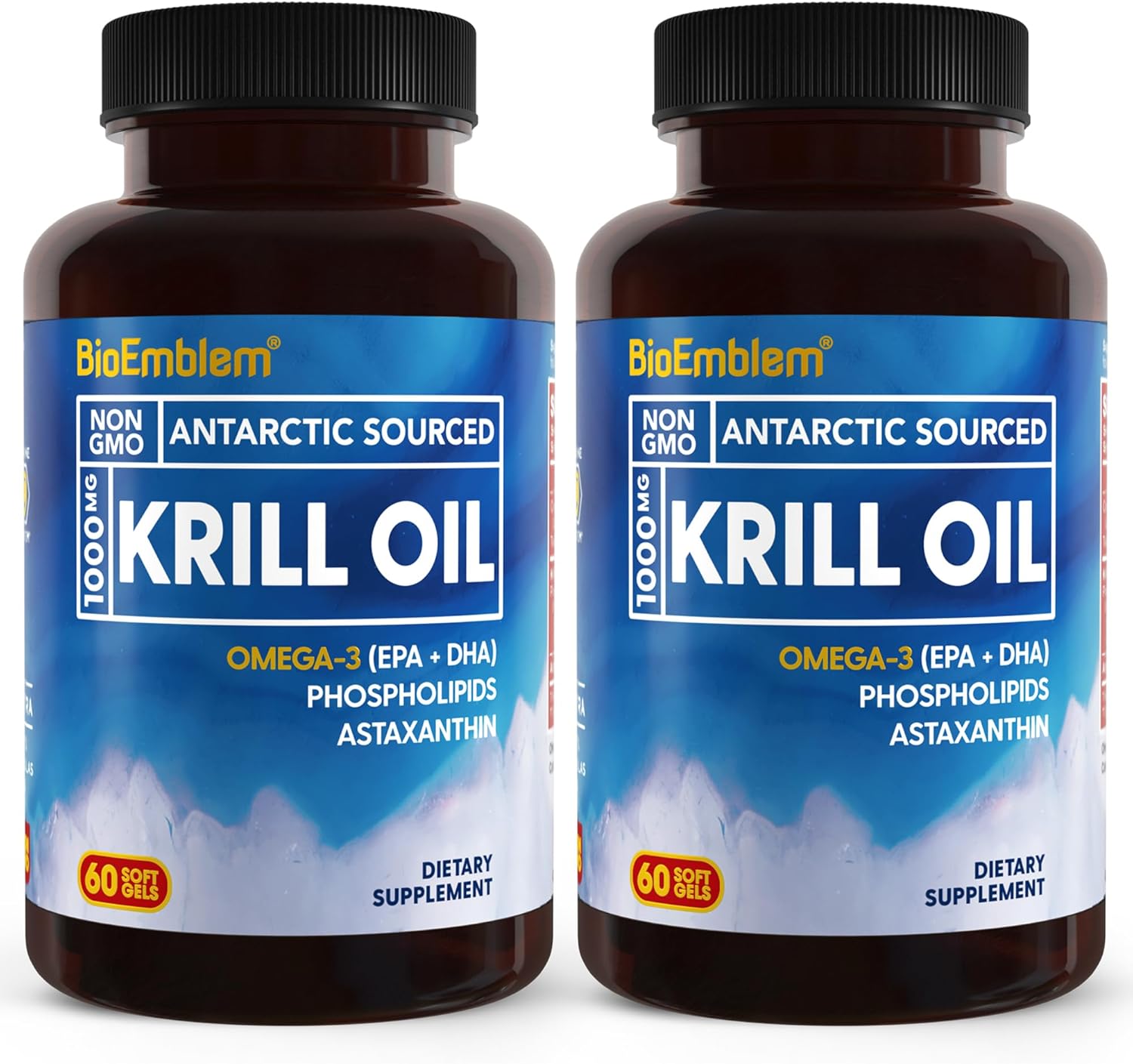 2 Pack BioEmblem Antarctic Krill Oil Softgels 1000mg - High EPA + DHA, Astaxanthin, Phospholipids - Brain Health Support - 120ct Non-GMO, Gluten Free - 60 Day Supply
