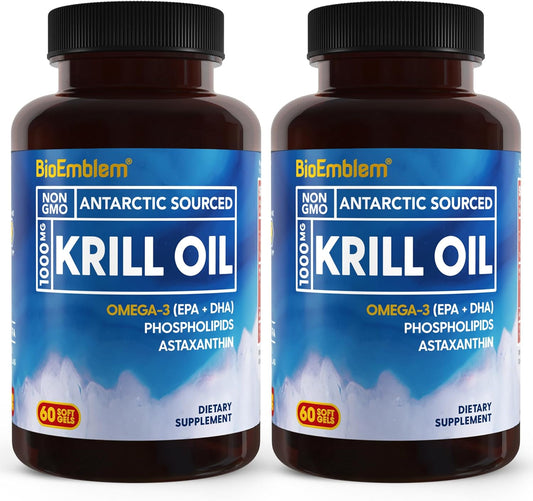 2 Pack BioEmblem Antarctic Krill Oil Softgels 1000mg - High EPA + DHA, Astaxanthin, Phospholipids - Brain Health Support - 120ct Non-GMO, Gluten Free - 60 Day Supply