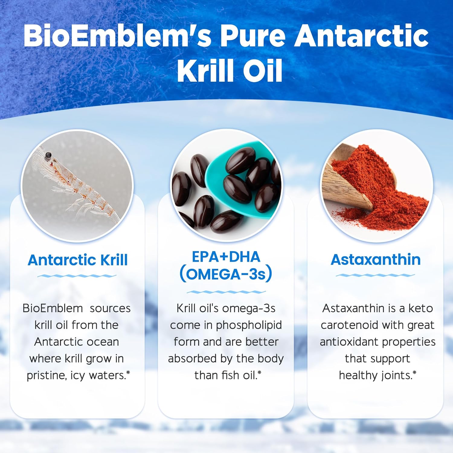 2 Pack BioEmblem Antarctic Krill Oil Softgels 1000mg - High EPA + DHA, Astaxanthin, Phospholipids - Brain Health Support - 120ct Non-GMO, Gluten Free - 60 Day Supply