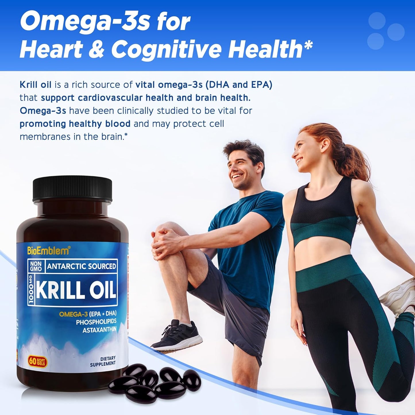 2 Pack BioEmblem Antarctic Krill Oil Softgels 1000mg - High EPA + DHA, Astaxanthin, Phospholipids - Brain Health Support - 120ct Non-GMO, Gluten Free - 60 Day Supply