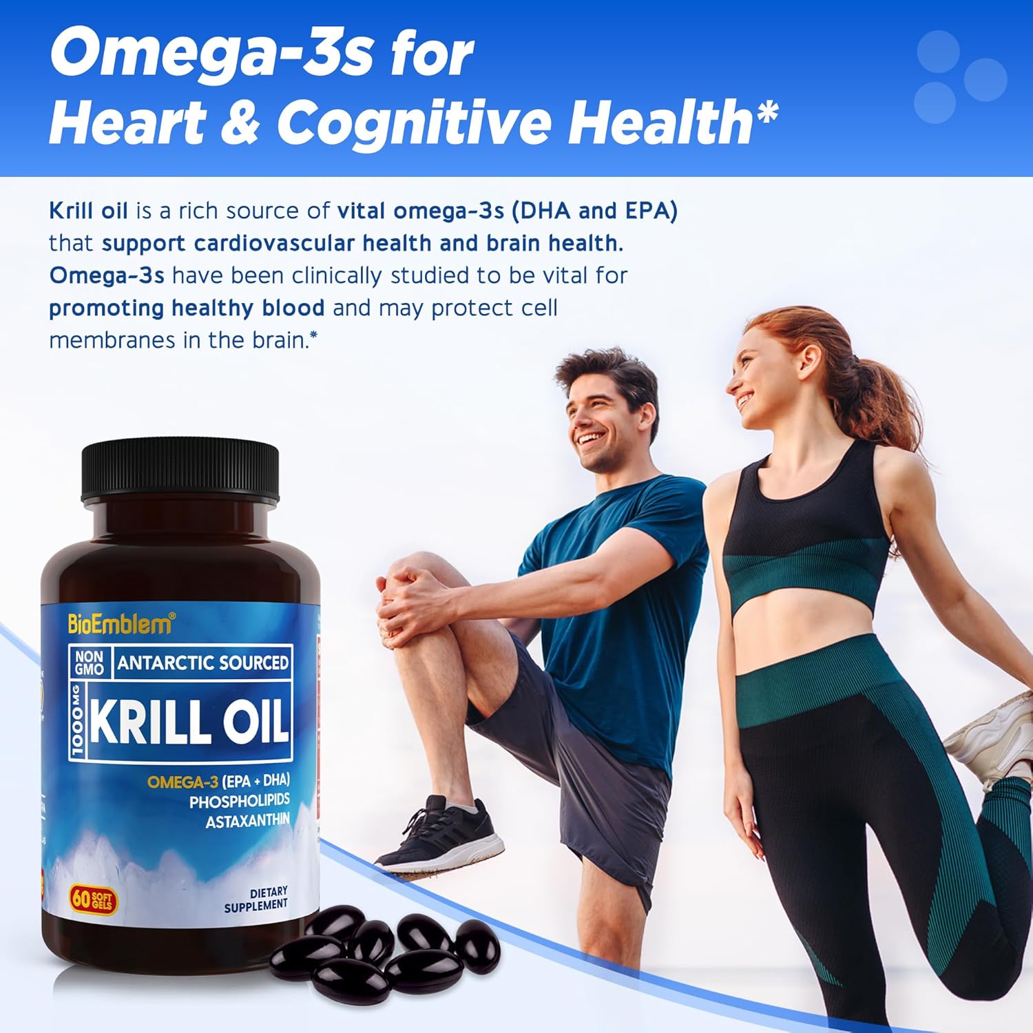 2 Pack BioEmblem Antarctic Krill Oil Softgels 1000mg - High EPA + DHA, Astaxanthin, Phospholipids - Brain Health Support - 120ct Non-GMO, Gluten Free - 60 Day Supply