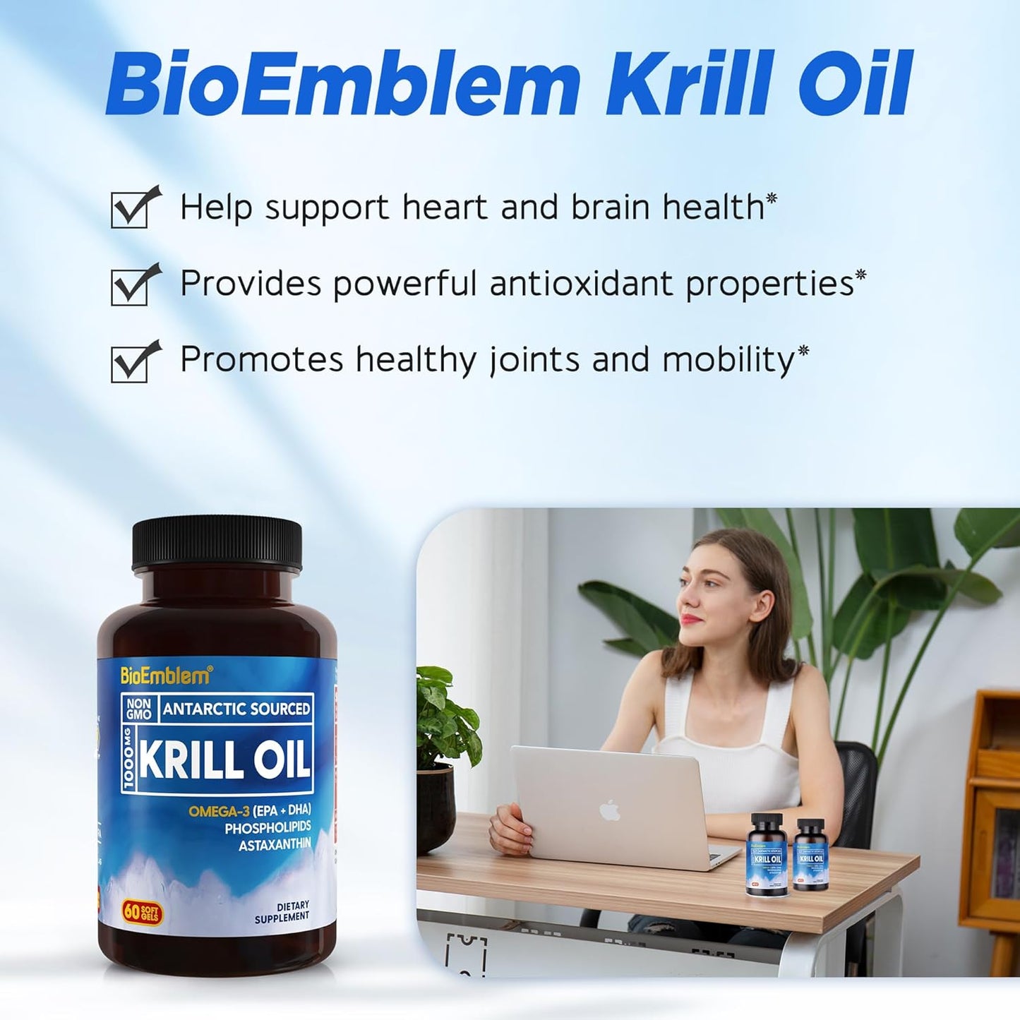 2 Pack BioEmblem Antarctic Krill Oil Softgels 1000mg - High EPA + DHA, Astaxanthin, Phospholipids - Brain Health Support - 120ct Non-GMO, Gluten Free - 60 Day Supply