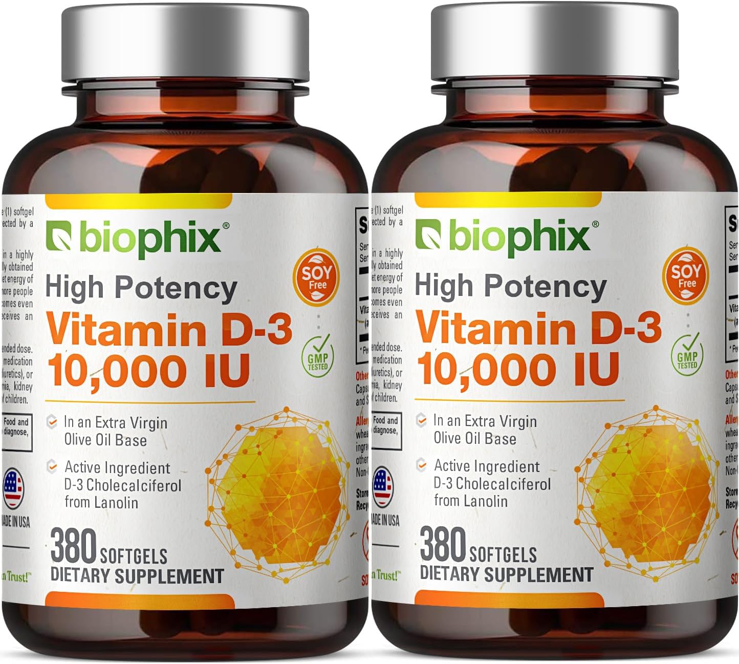 2 Pack Biophix Vitamin D-3 10000 IU Softgels - High-Potency in Extra Virgin Olive Oil for Strong Bones & Immune Health