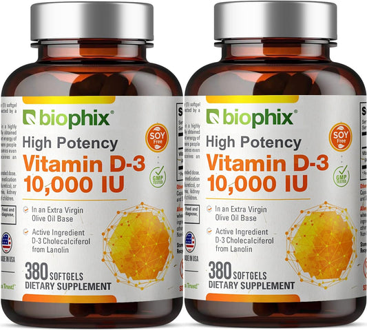 2 Pack Biophix Vitamin D-3 10000 IU Softgels - High-Potency in Extra Virgin Olive Oil for Strong Bones & Immune Health