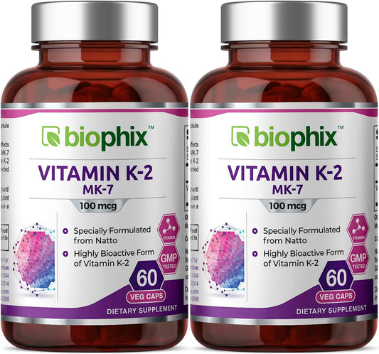 2 Pack Biophix Vitamin K2 MK-7 100mcg Vcaps for Strong Bones & Immune Health