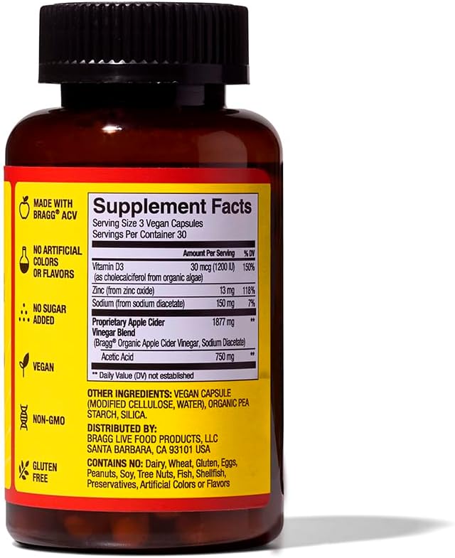 2 Pack Bragg Apple Cider Vinegar Capsules with Vitamin D and Zinc - 90 Capsules - Immune System Support