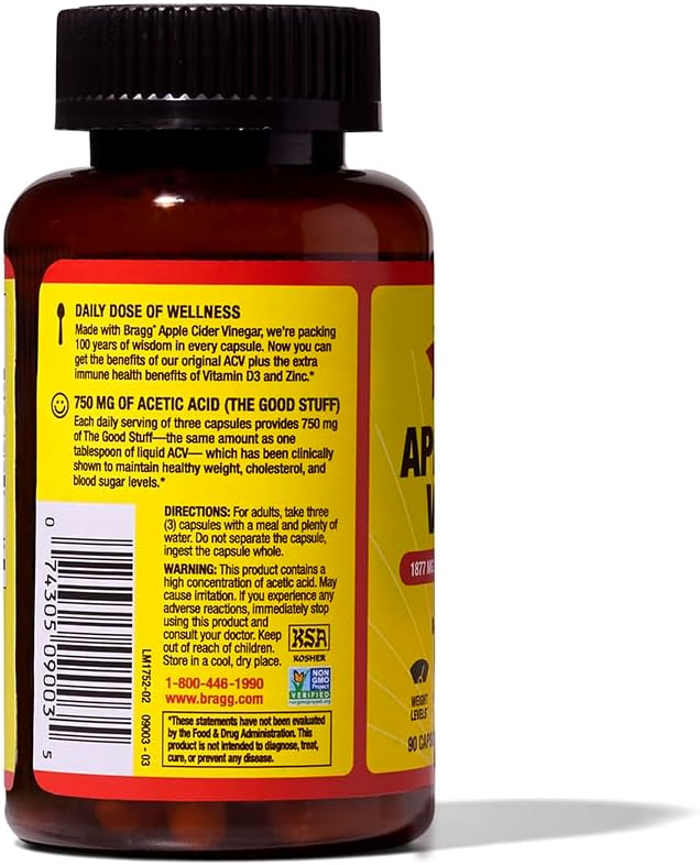 2 Pack Bragg Apple Cider Vinegar Capsules with Vitamin D and Zinc - 90 Capsules - Immune System Support