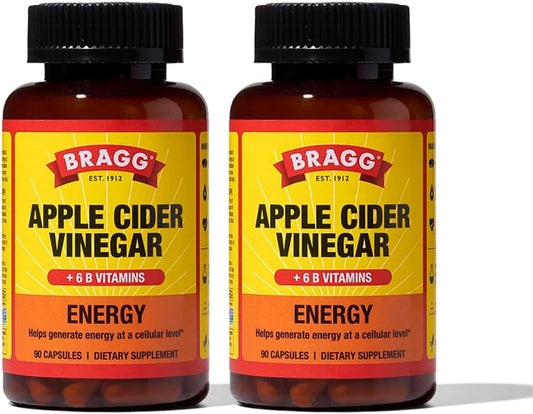2 Pack Bragg Energy Apple Cider Vinegar Capsules with B Vitamins - 90 Capsules - Boosts Cellular Energy Production