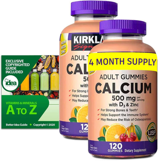 2-Pack Bundle: Idea Shop USA Calcium Gummies 500mg with D3, Zinc, Vitamins & Minerals for Bone Health - A to Z Guide