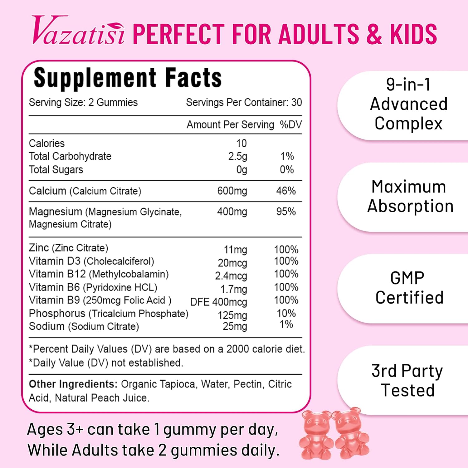 2 Pack Calcium Magnesium Zinc Gummies with Vitamin D3 B12 - Peach Flavor - 120 Count - Men & Women's Calcium Supplements