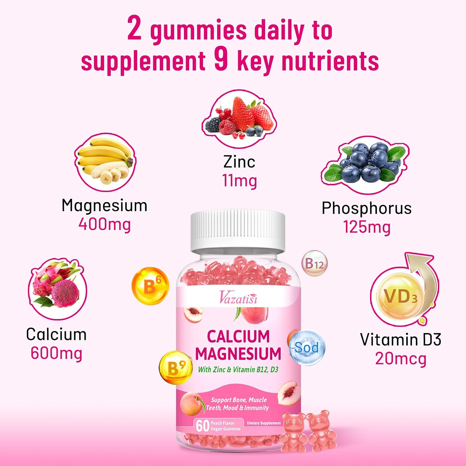 2 Pack Calcium Magnesium Zinc Gummies with Vitamin D3 B12 - Peach Flavor - 120 Count - Men & Women's Calcium Supplements