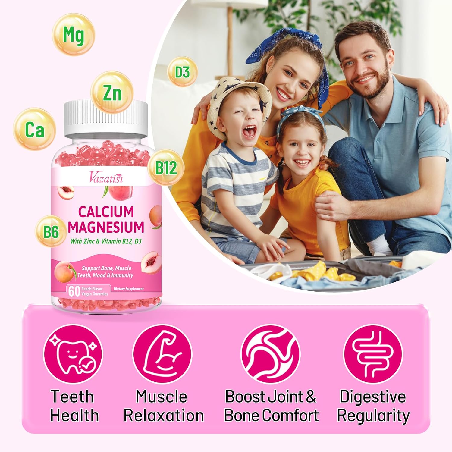 2 Pack Calcium Magnesium Zinc Gummies with Vitamin D3 B12 - Peach Flavor - 120 Count - Men & Women's Calcium Supplements