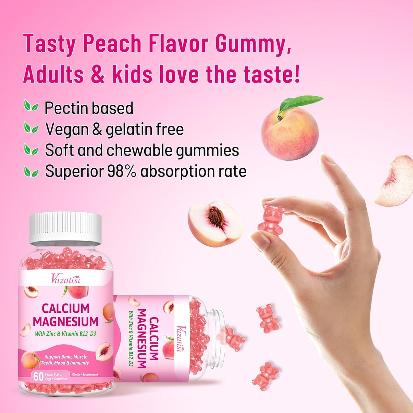 2 Pack Calcium Magnesium Zinc Gummies with Vitamin D3 B12 - Peach Flavor - 120 Count - Men & Women's Calcium Supplements