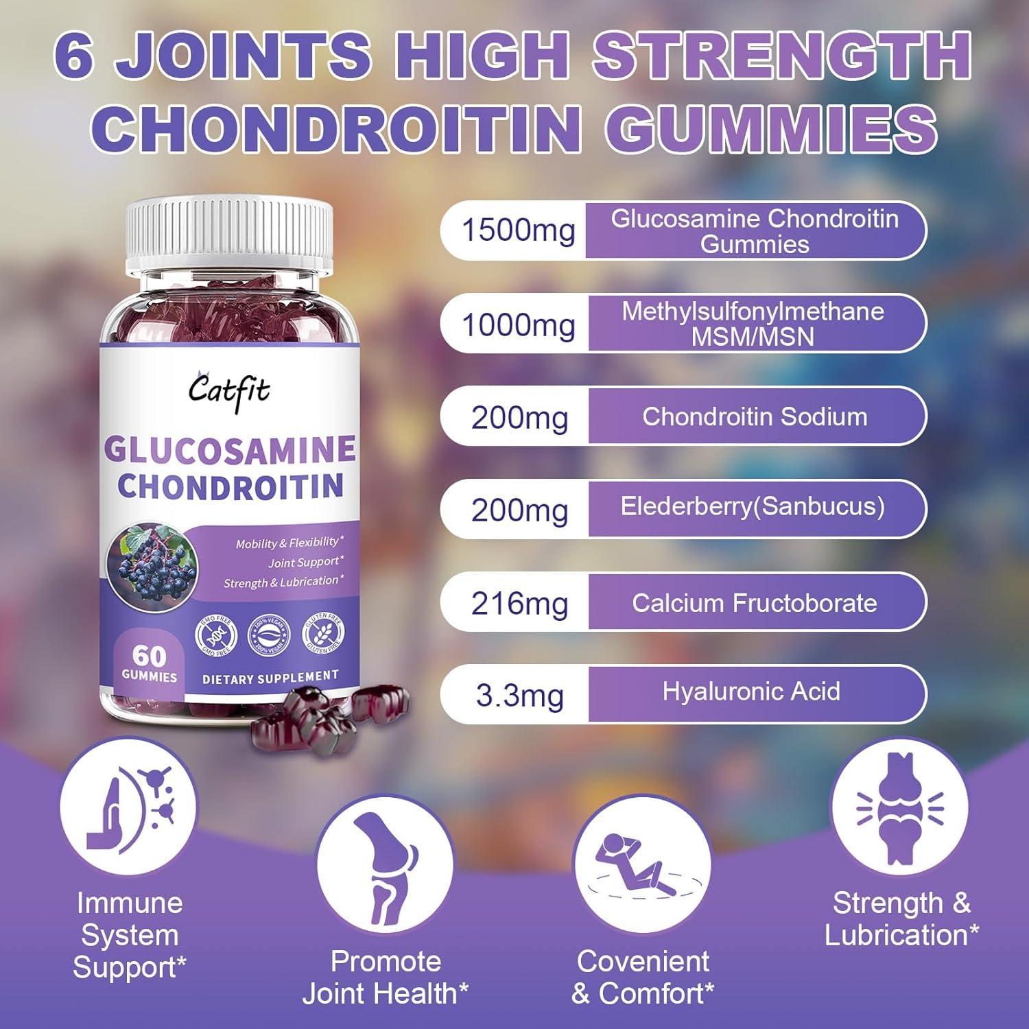 2 Pack Catfit Glucosamine Chondroitin Gummies with MSM, Elderberry - Joint & Immune Support for Adults