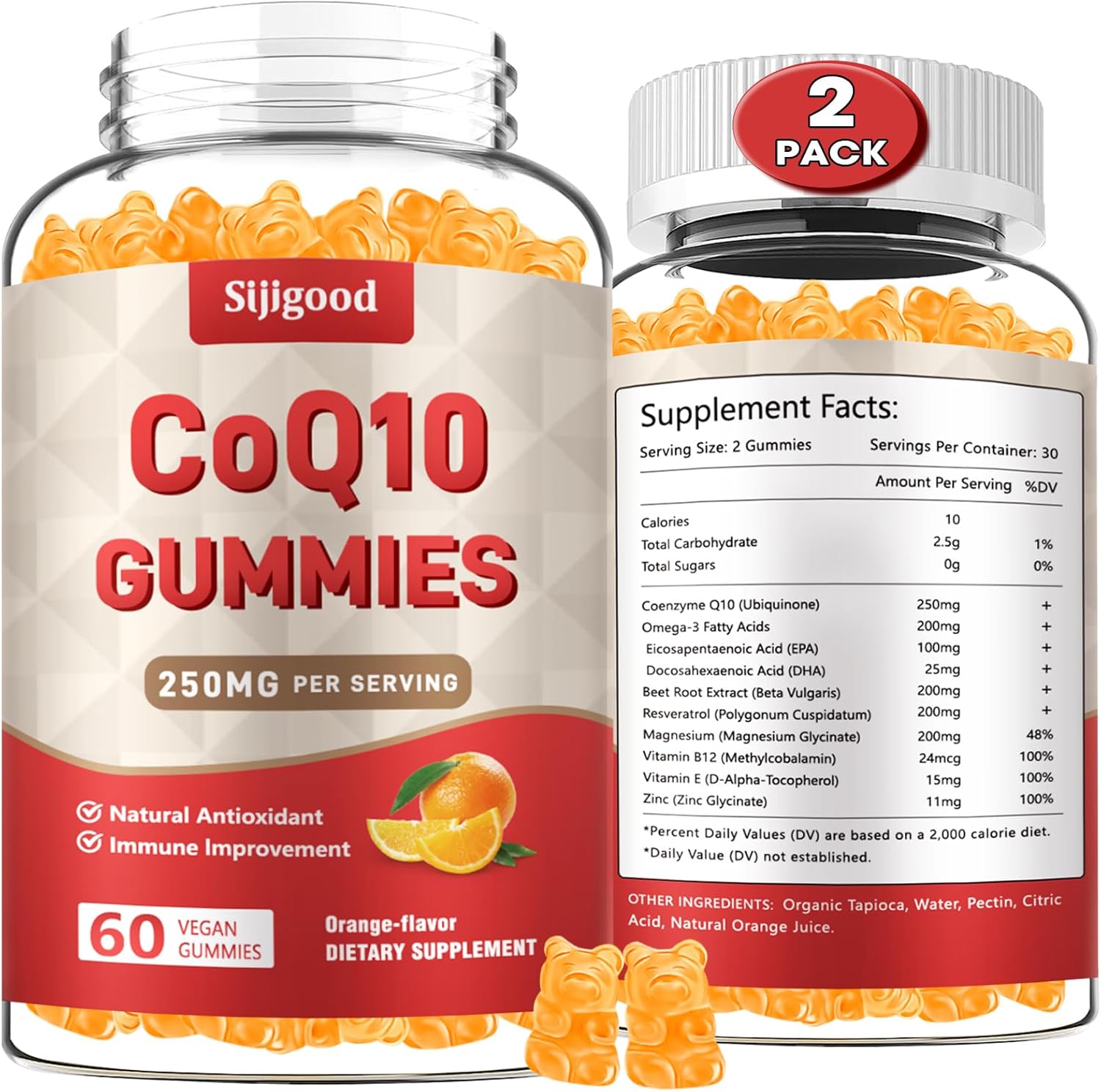 2 Pack CoQ10 Gummies with Omega-3, Vitamin E, B12, Magnesium, Zinc - Energy & Antioxidant Support - Sugar-Free Orange Flavor - 120 Gummies
