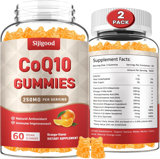 2 Pack CoQ10 Gummies with Omega-3, Vitamin E, B12, Magnesium, Zinc - Energy & Antioxidant Support - Sugar-Free Orange Flavor - 120 Gummies